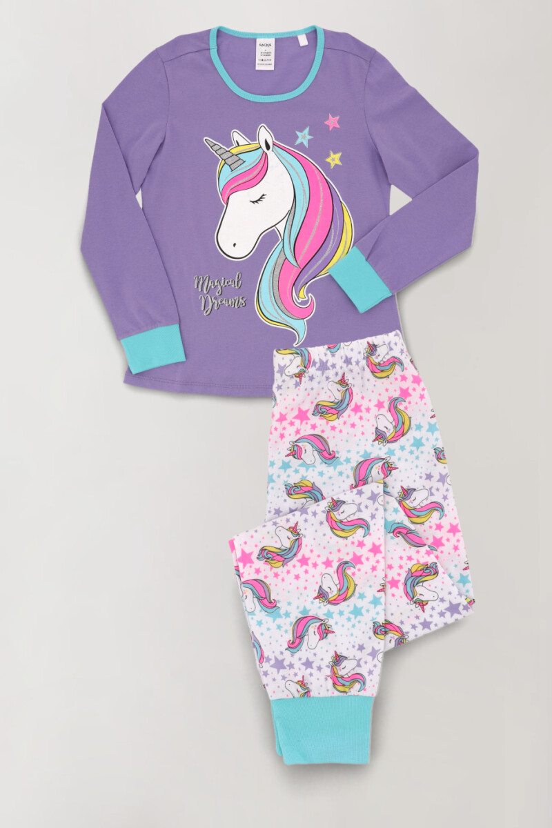 Pijama de niña de algodón unicornio multicolor Lila