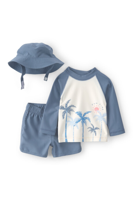 Conjunto de baño tres piezas, remera manga larga, short y gorro, con protección UPF 50+, estampa palmeras Conjunto de baño tres piezas, remera manga larga, short y gorro, con protección UPF 50+, estampa palmeras