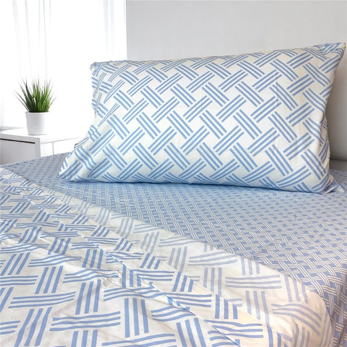JUEGO DE SABANAS ALGODON 144H TWIN 90x190+30CM ENTRAMADO CELESTE CANNON 