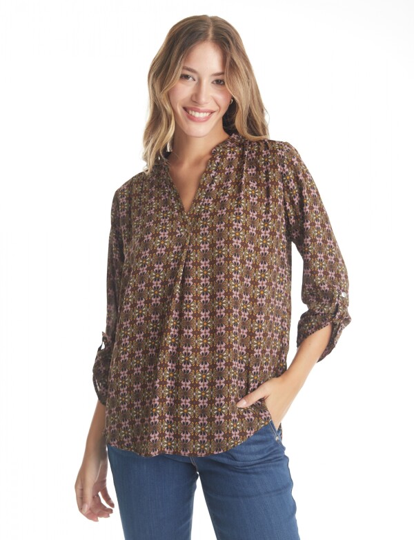 Blusa Esc V Printed MARRON/MULTI