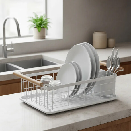 Escurridor Vajilla Metal c/ Asas Madera Bandeja y Cubiertero Blanco
