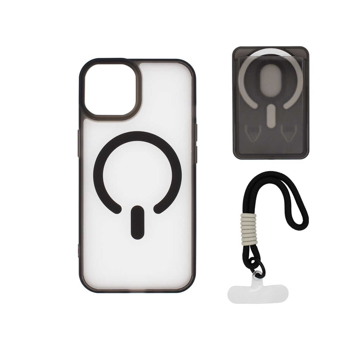 Protector para iPhone 13/14 correa + tarjetero color negro 