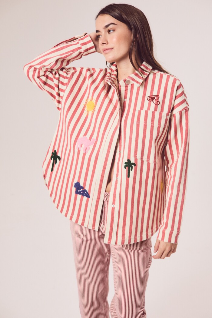 Sobrecamisa Rayas Y Bordado Rojo