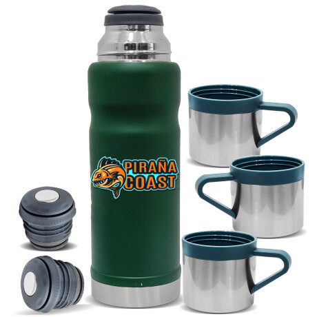 Set Termo 650ml Acero Inox +2 Tapón +3 Tazas Piraña Verde