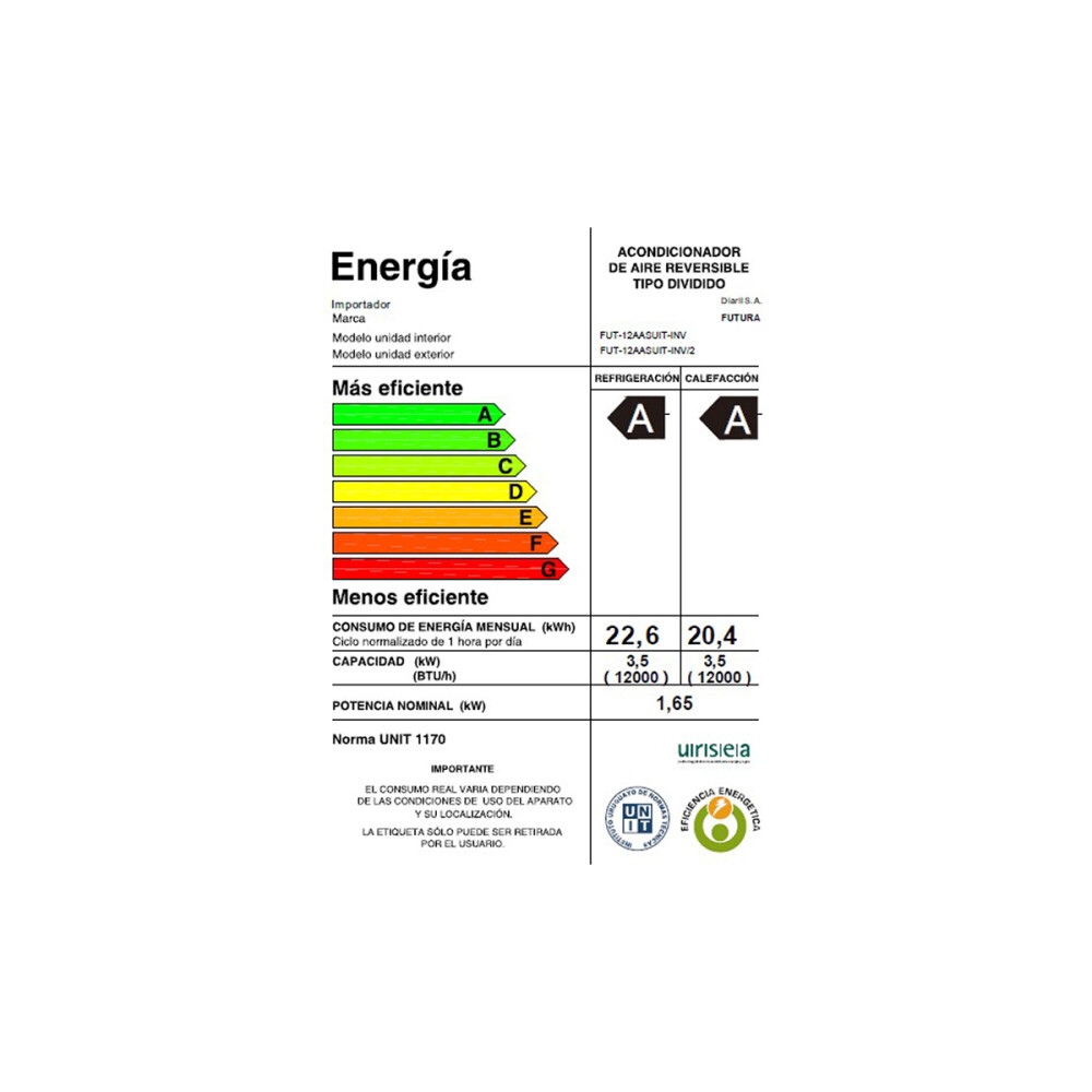 Aire Acondicionado Futura Inverter FUT-12AASUIT-INV 12000 BTU Blanco