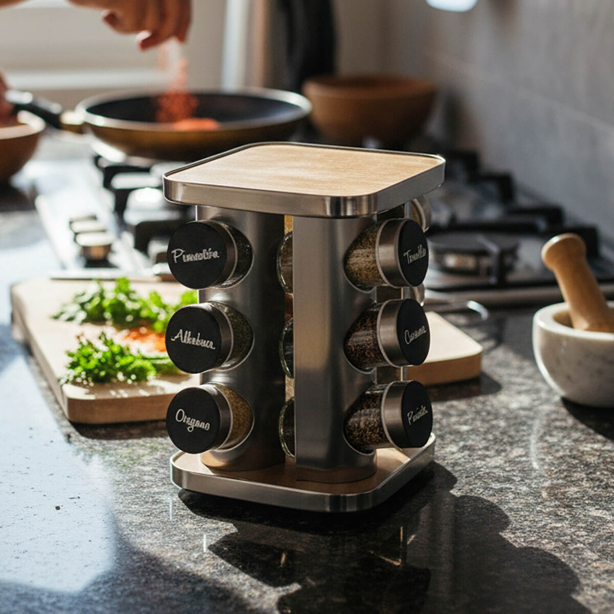 Especiero Giratorio 12 Frascos Vidrio Para Condimentos Cocina Acero Inoxidable Imback 