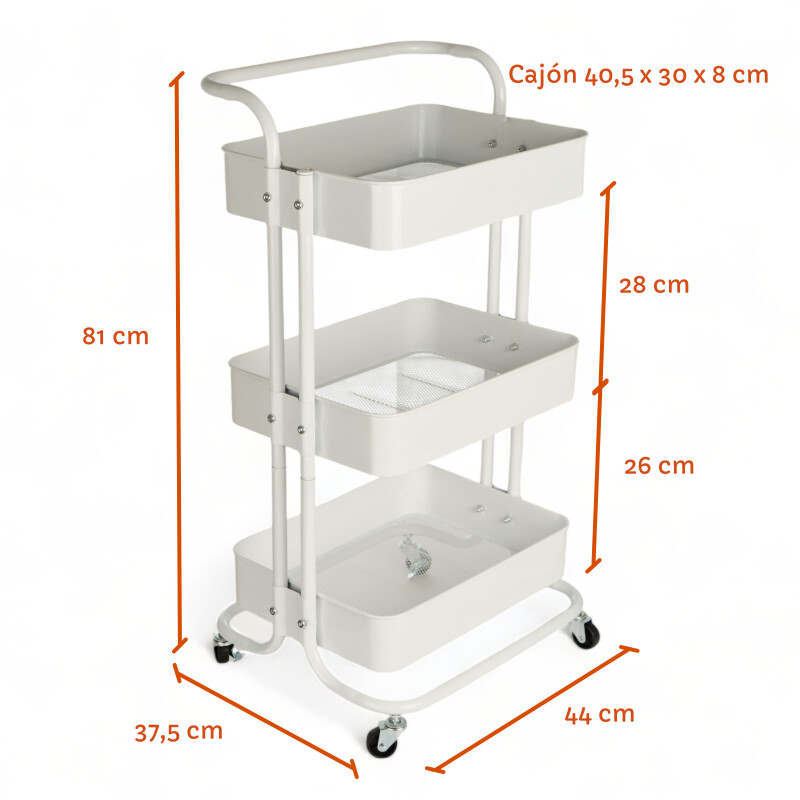 Carrito Rack Multiusos Organizador 3 Estantes 100% Metal Blanco