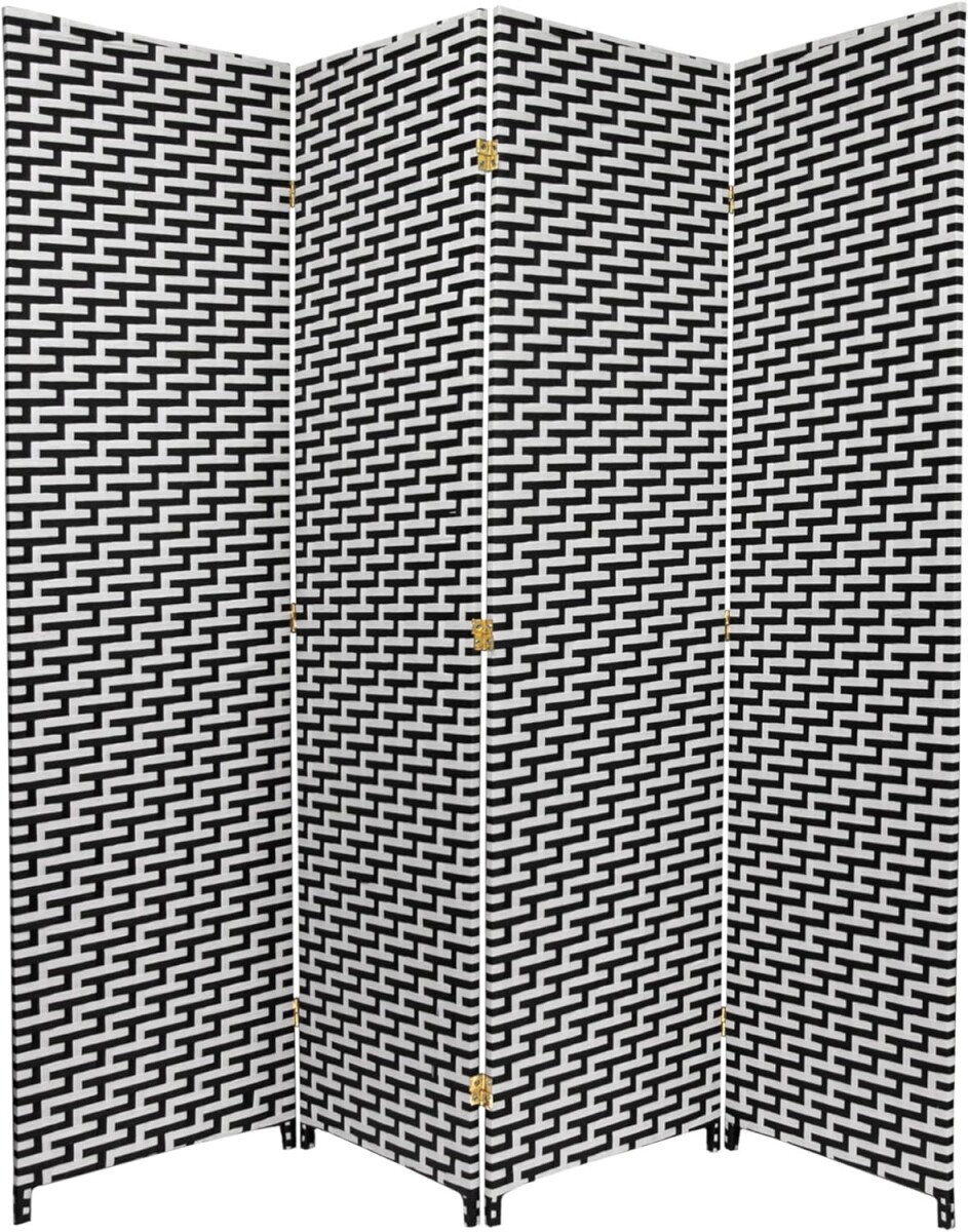 Biombo Boho Nhome 4 Paneles Madera Ratán Clásico - Blanco y negro 