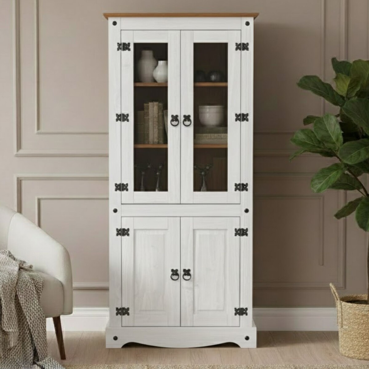 Biblioteca con Cristalero Línea Naturale - Blanco/Roble 