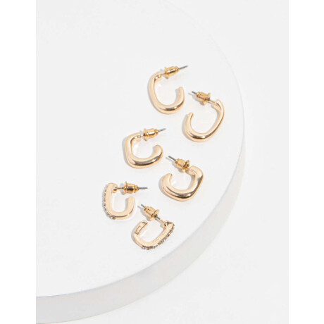 Aros Argollas Set Metal Con Detalle De Strass Dorado