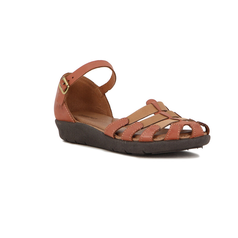 Country Sandalia C/talon Cuero Y Capellada Tiras Cuero Telha-caramelo