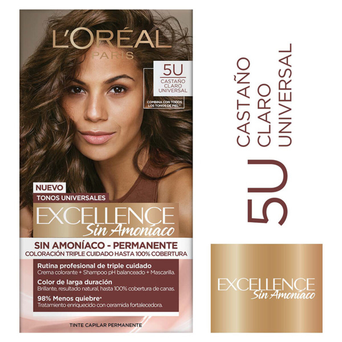 Tinta L’Oréal Excellence Sin Amoníaco N°5U Castaño Claro Universal – Cobertura y Brillo