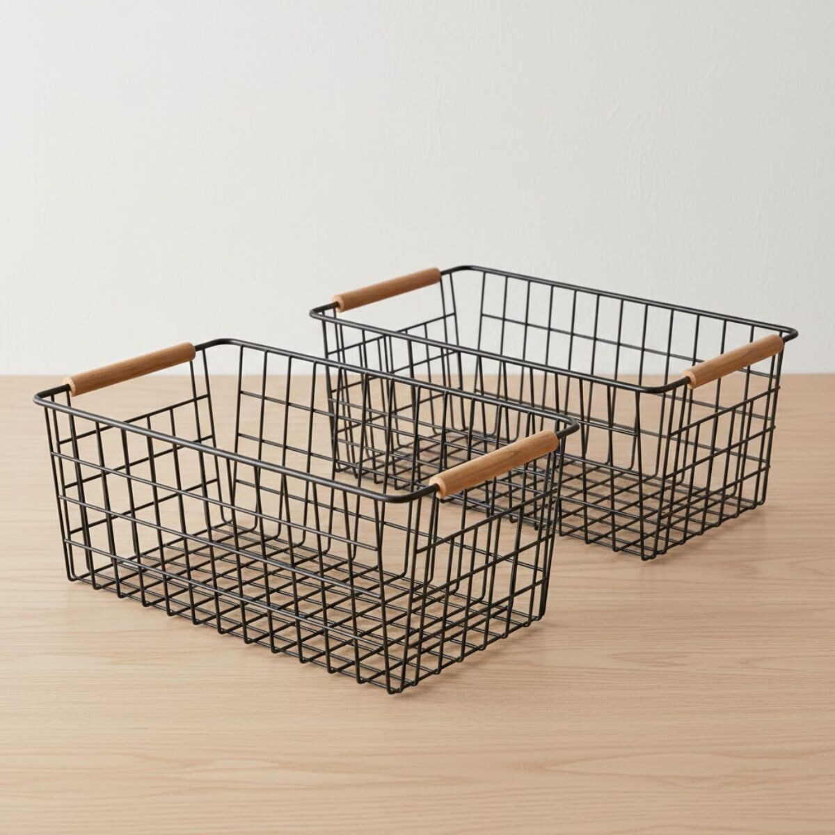 Set x2 Canasto organizador de metal asa de madera - NEGRO 