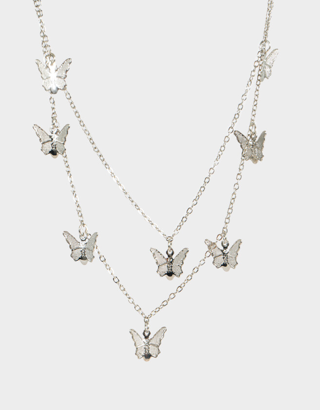 Collares Cortos Con Mariposas Collar Doble Con Mariposas - Plateado