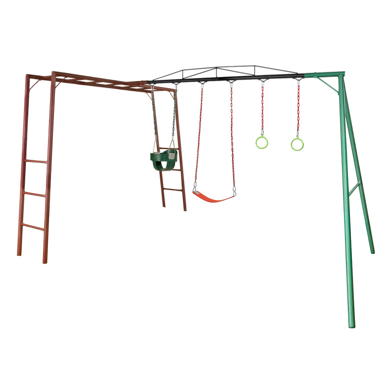 Pasamanos combinado con Juegos infantil diseñado para exterior con 1 hamacas de cincha, 1 hamaca de bebé y par de aros. Pasamanos combinado con Juegos infantil diseñado para exterior con 1 hamacas de cincha, 1 hamaca de bebé y par de aros.