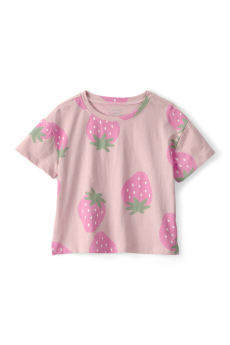 Remera de algodón, manga corta, rosada, diseño frutillas Remera de algodón, manga corta, rosada, diseño frutillas