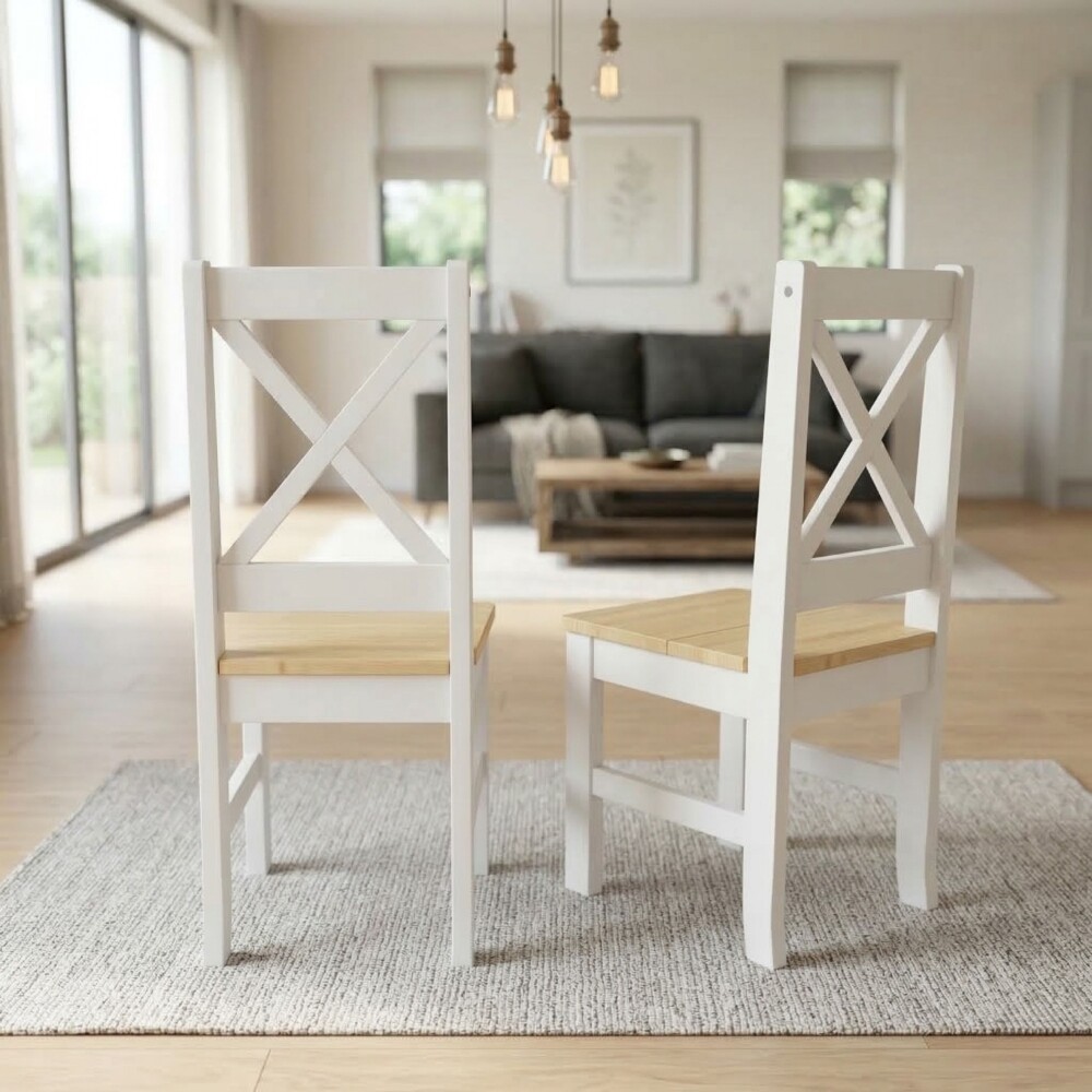 Juego de comedor 4 sillas - Madera maciza - Cruceta Blanco
