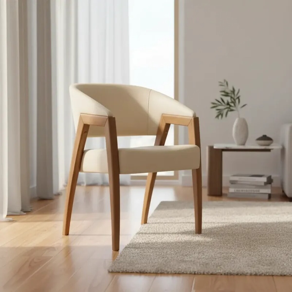BUTACA PATAS EN MADERA CON BRAZOS TAPIZADA EN PU COLOR PERLA 