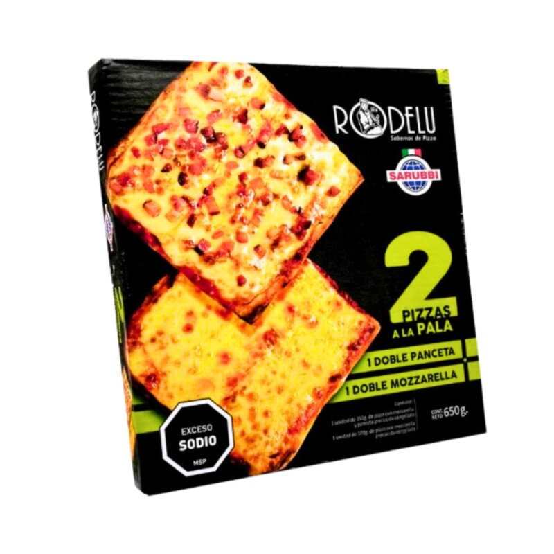 Pizza a la pala Muzza + Muzza c/Panceta Rodelú - 2 uds - 650 gr Pizza a la pala Muzza + Muzza c/Panceta Rodelú - 2 uds - 650 gr