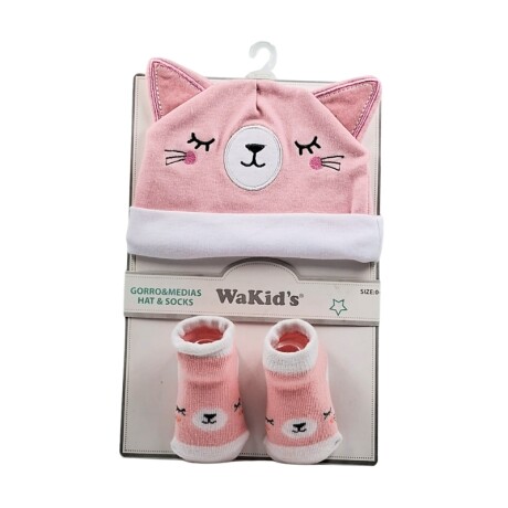 Gorro y botines en algodón para bebé 0-6m Zorrito Blanco y rosa