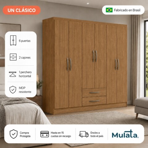 Armario Ropero Placard de 6 Puertas Línea Plus con 2 Cajones y Perchero Horizontal - MDP - Freijo Armario Ropero Placard de 6 Puertas Línea Plus con 2 Cajones y Perchero Horizontal - MDP - Freijo