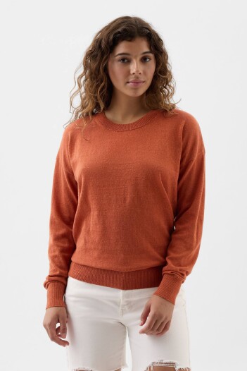 Buzo De Lino Cuello Redondo Mujer Baked Clay 18-1441 Tcx