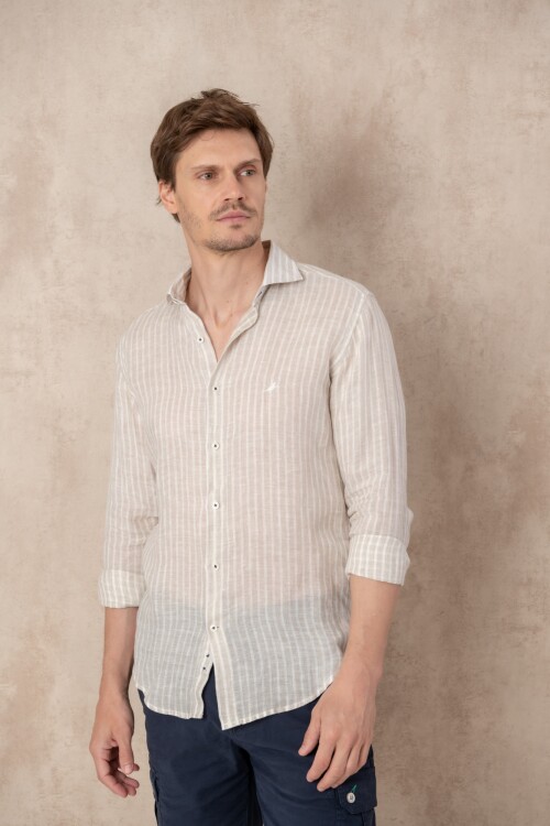 Camisa Lino Short collar Rayas Tostado