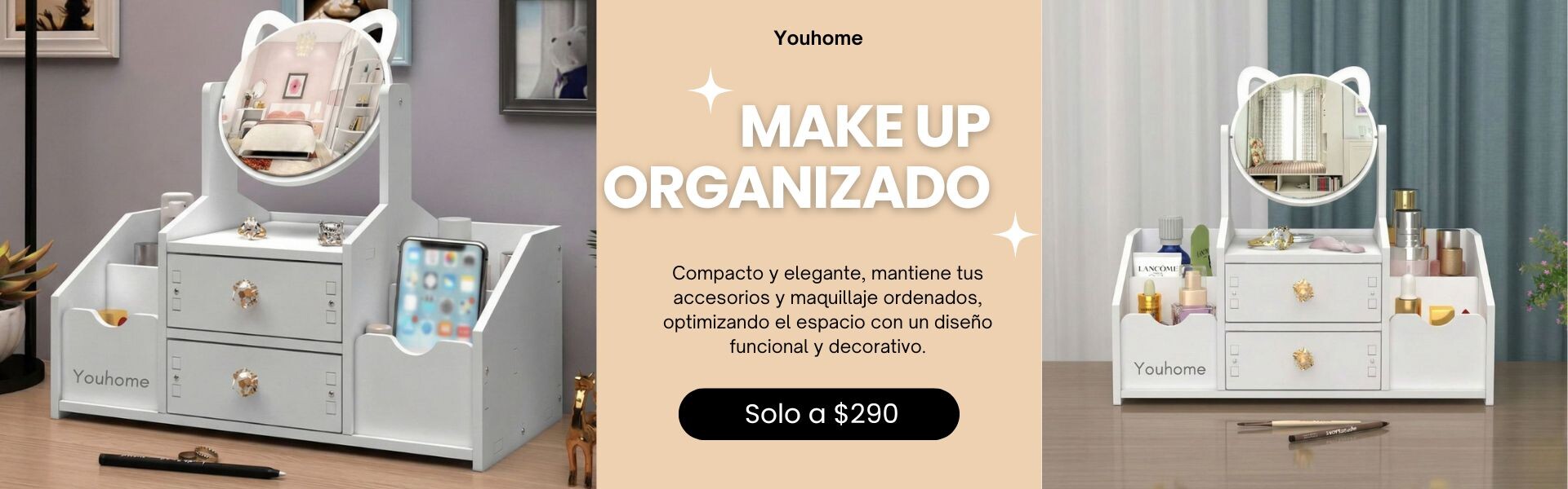 Organizador Maquillaje Cosmético Espejo Gatito Makeup