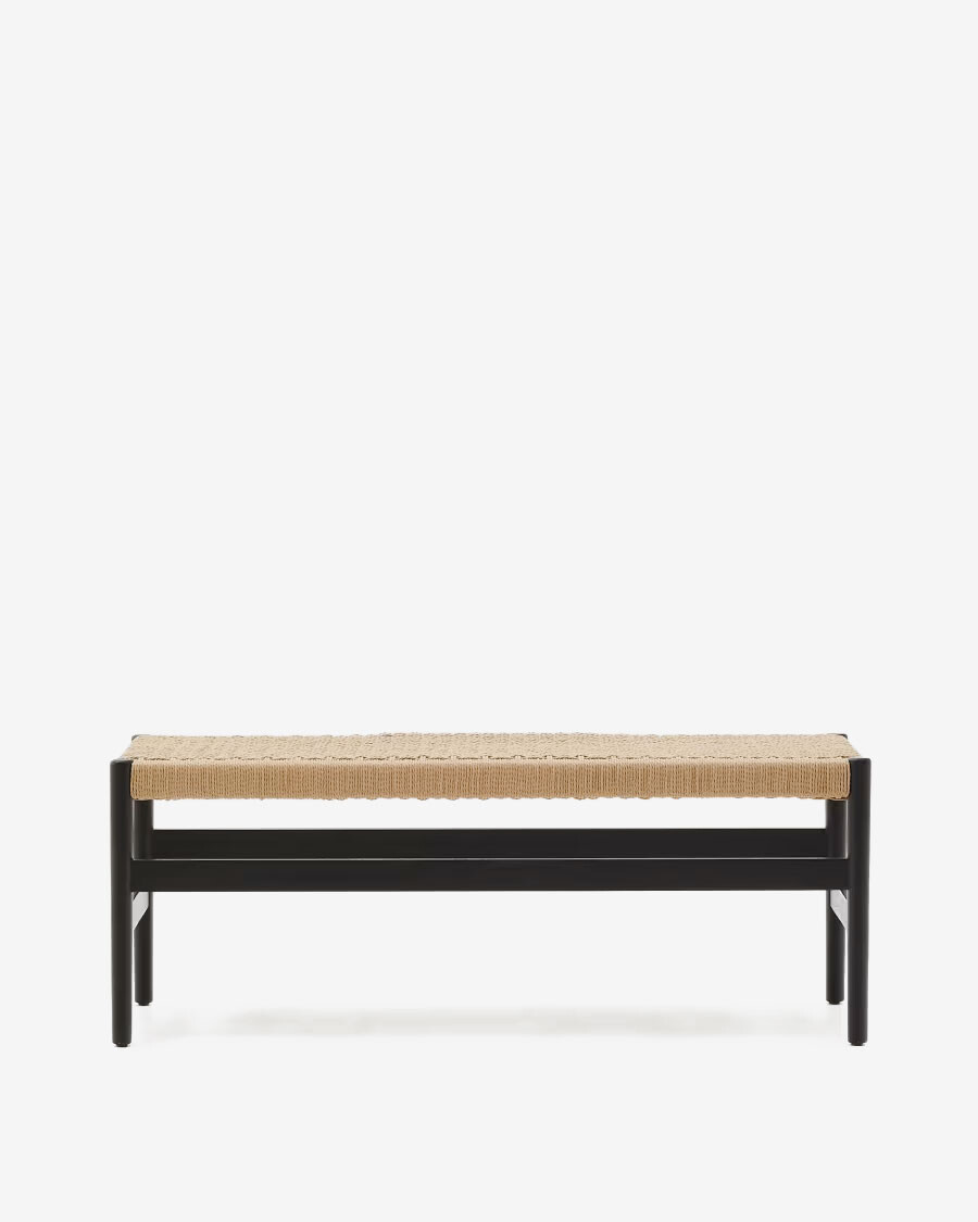 Banco Zaide de madera maciza de roble con acabado negro y asiento de cuerda 120cm