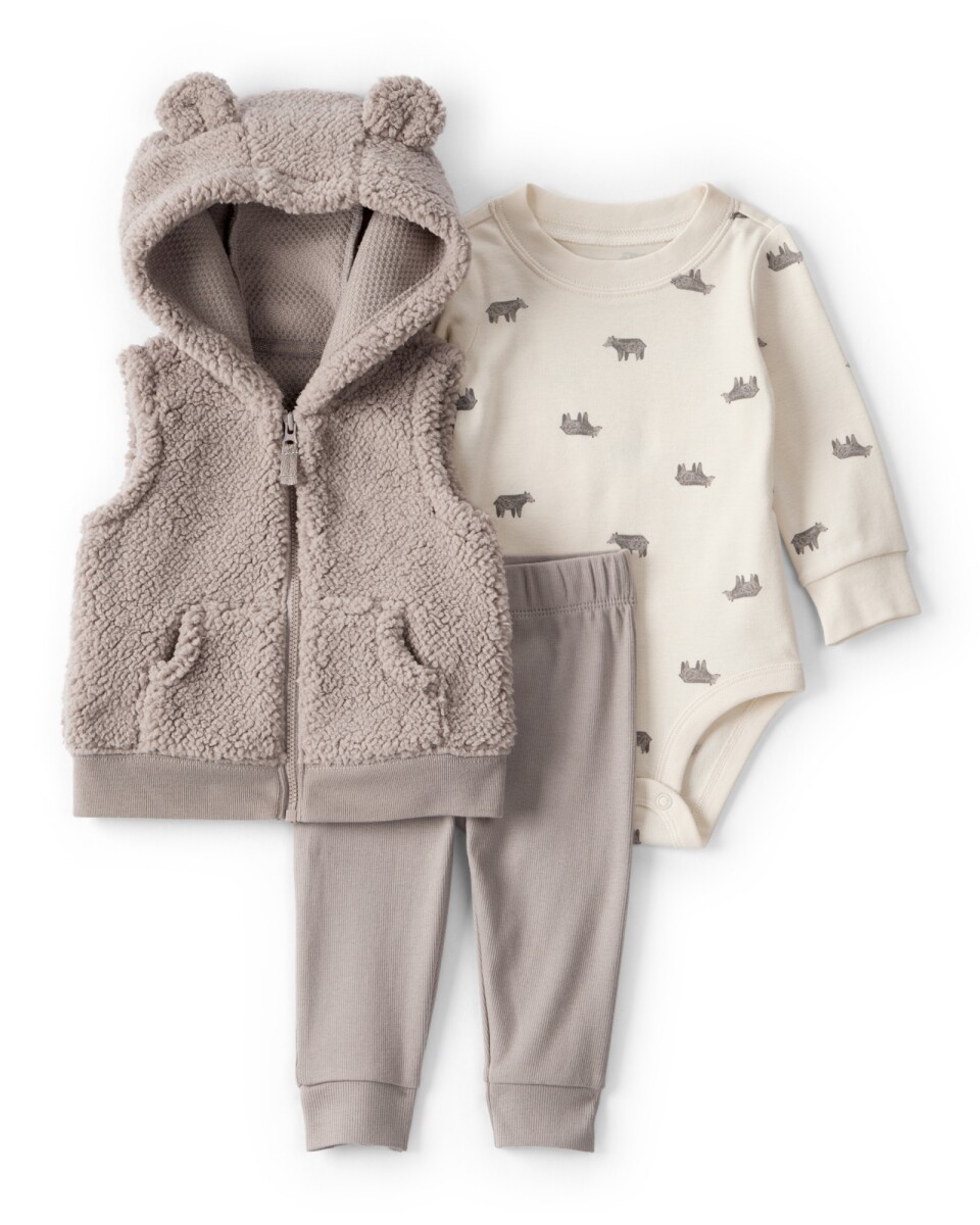 Set tres piezas, chaleco de sherpa, pantalón y body, diseño oso 