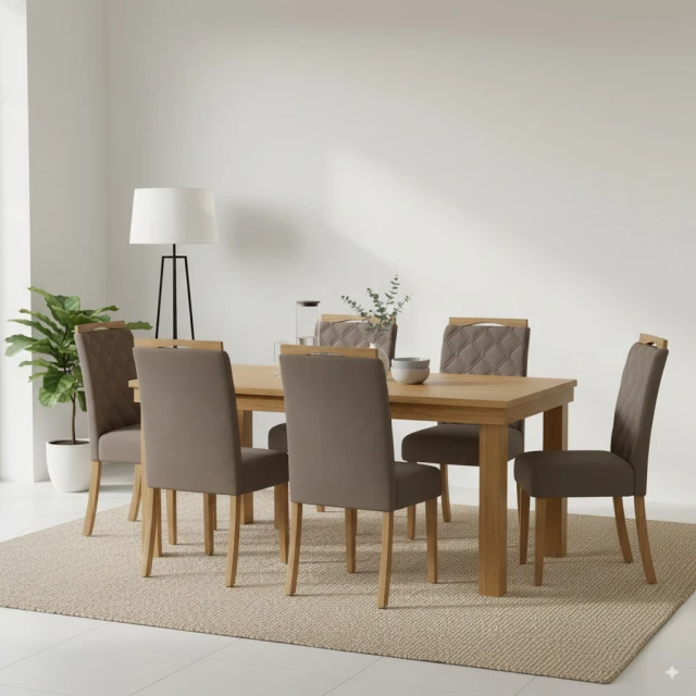 Juego de comedor mesa en madera maciza - 6 sillas tapizadas Juego de comedor mesa en madera maciza - 6 sillas tapizadas