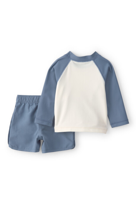 Conjunto de baño tres piezas, remera manga larga, short y gorro, con protección UPF 50+, estampa palmeras Conjunto de baño tres piezas, remera manga larga, short y gorro, con protección UPF 50+, estampa palmeras
