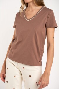 Remera Algodon Peinado Escote Lurex Mocha