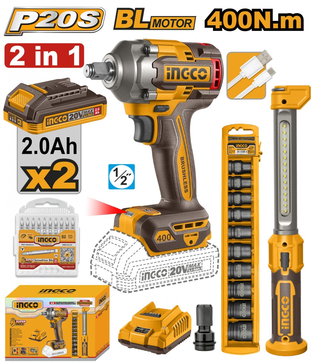 SUPER COMBO A BATERIA LLAVE DE IMPACTO 400NM 20V + LINTERNA RECARGABLE + DADOS I 
