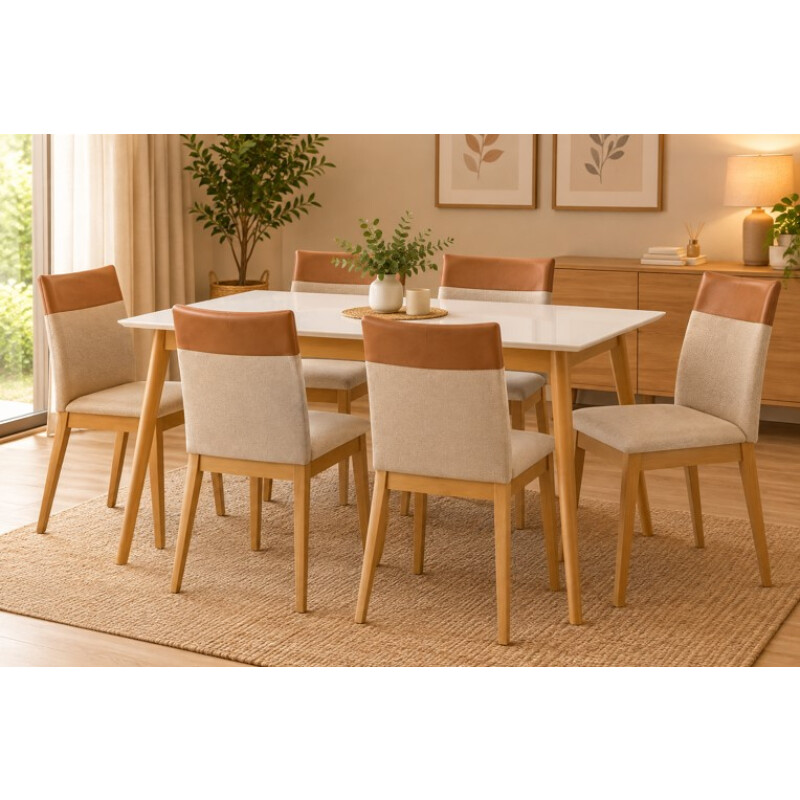 Juego de Comedor CRISTAL 1,60 x 0,90 con 6 Sillas Palha – Imbuia y Blanco Juego de Comedor CRISTAL 1,60 x 0,90 con 6 Sillas Palha – Imbuia y Blanco