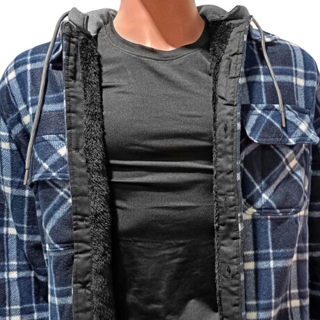 Campera Camisa Leñadora Cangurito Capucha Botones Azul