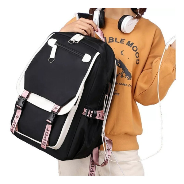 Pack x3 Mochila Kawaii Impermeable Usb Multuso Resistente Variante Color Negro