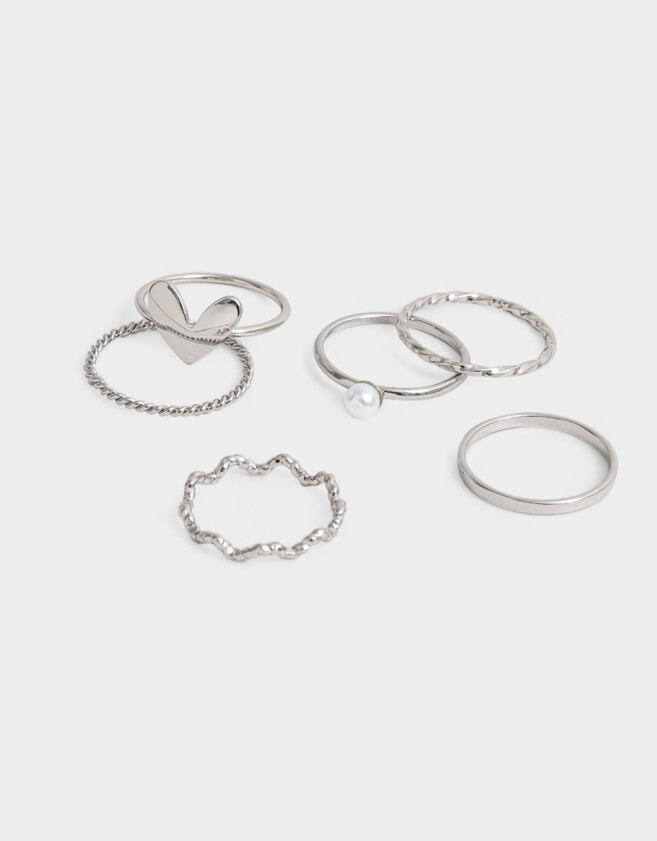Sets Anillos De metal Set De Anillos Con Corazón Y Perlas - Plateado