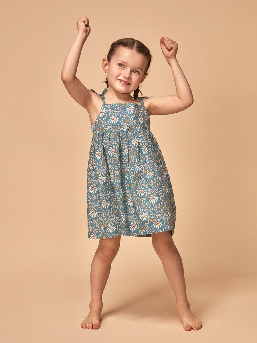 Vestido Talle Alto Con Estampado De Flor Azul Pato