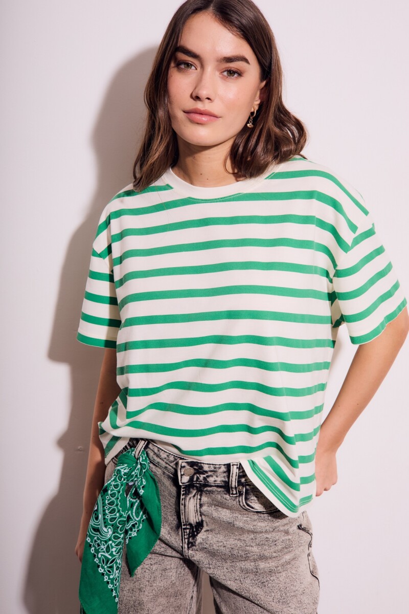 Remera Algodon Lavado Rayada Verde Verde