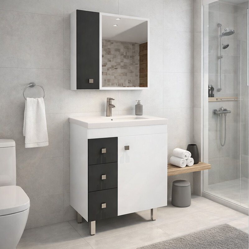 Mueble Baño De 60cm Ancho+bacha+botiquín+espejo Blanco/gris Mueble Baño De 60cm Ancho+bacha+botiquín+espejo Blanco/gris