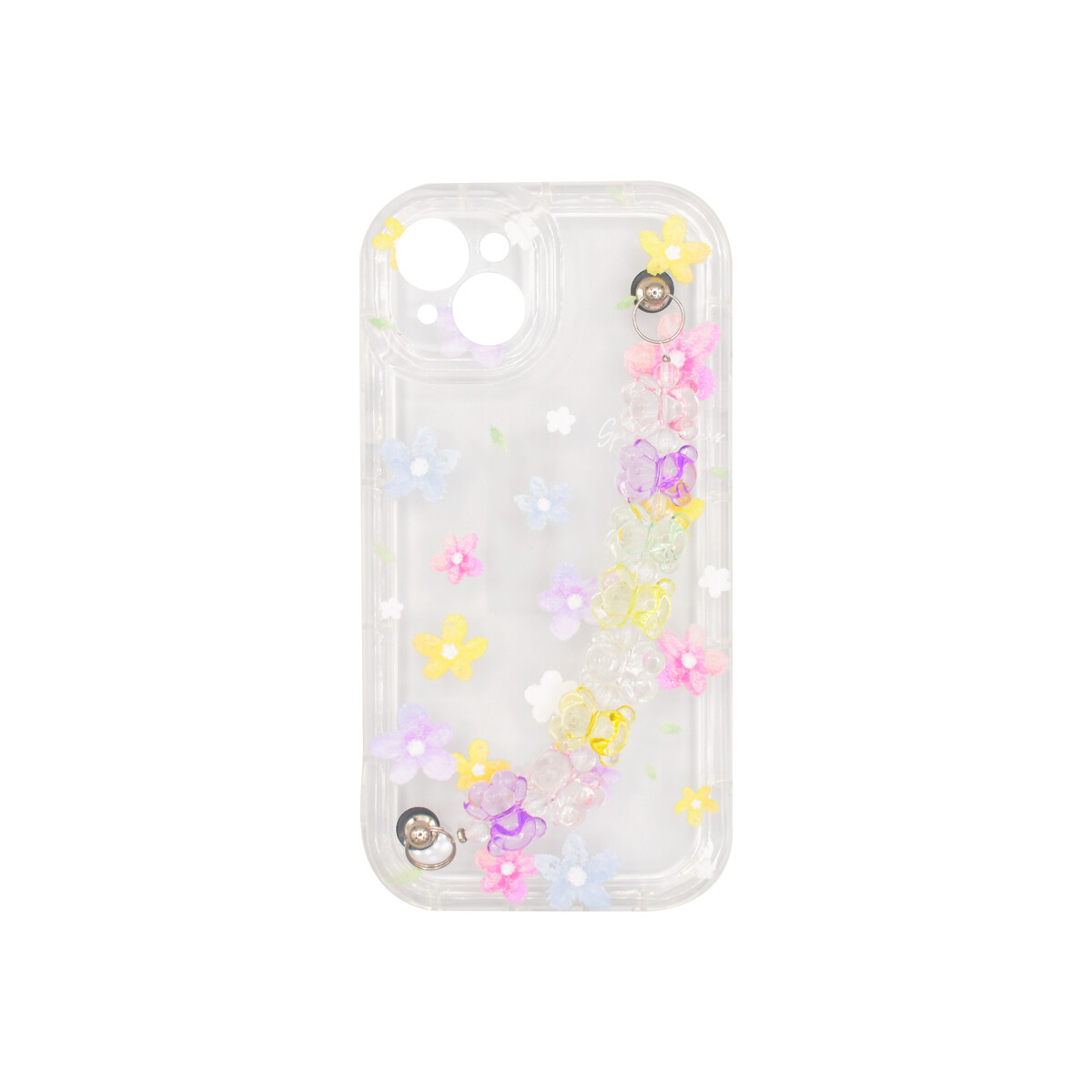Protector iPhone 15 Plus diseño flores con correa de mano 