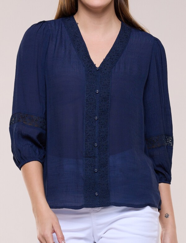 Blusa Bambula Con Pechera De Encaje Y Escote V AZUL