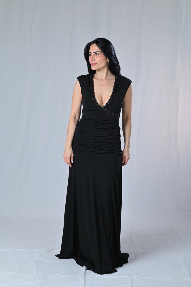 Vestido largo bordado con escote Uma - Negro 
