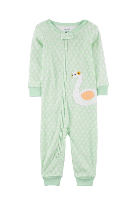 Pijama una pieza de algodón, verde, estampa cisne. Talles 2-5T Sin color