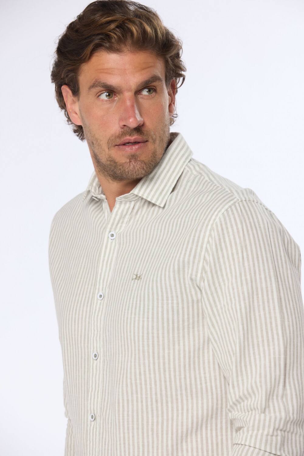 CAMISA DE LINO RAYADA Verde