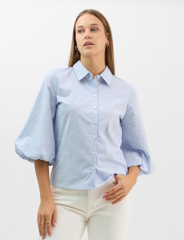Camisa De Algodón A Rayas Con Detalles Metálicos CELESTE