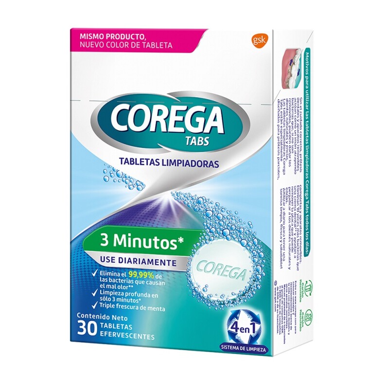 Corega 3 Minutos Limpieza Prótesis Dentales 30 Tabletas Corega 3 Minutos Limpieza Prótesis Dentales 30 Tabletas