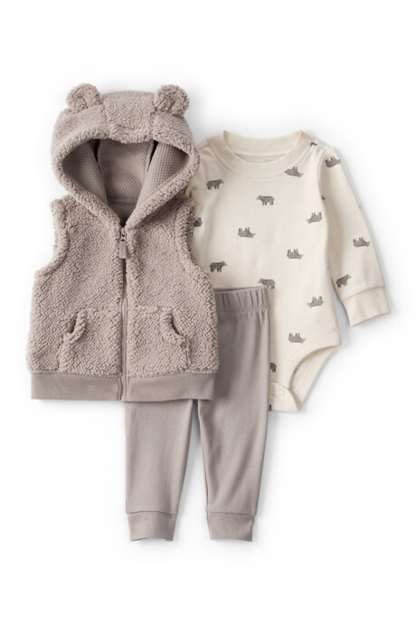 Set tres piezas, chaleco de sherpa, pantalón y body, diseño oso Set tres piezas, chaleco de sherpa, pantalón y body, diseño oso
