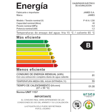 Termotanque JAMES 40Lts Acero
